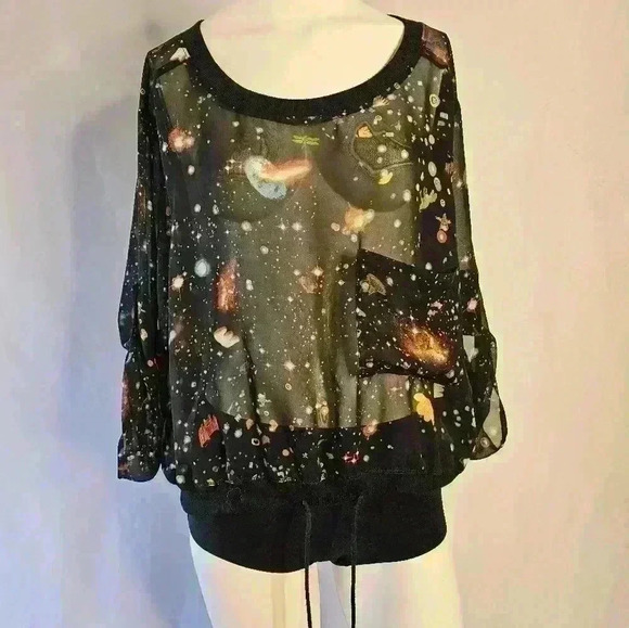 Princess by Vera Wang Flowing Black & Colorful Cosmos Blouse - Size S - Picture 1 of 3